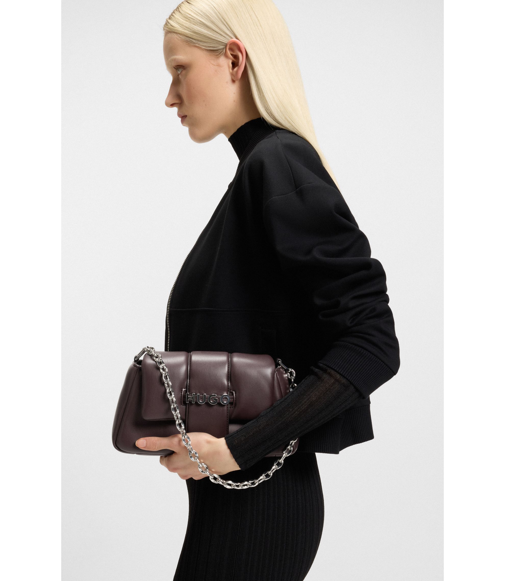 HUGO - Chain-handle shoulder bag with logo closure - Dark Brown