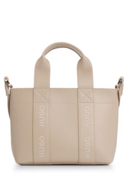 Faux-leather mini tote bag with embroidered logos, Light Beige