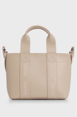 Faux-leather mini tote bag with embroidered logos, Light Beige