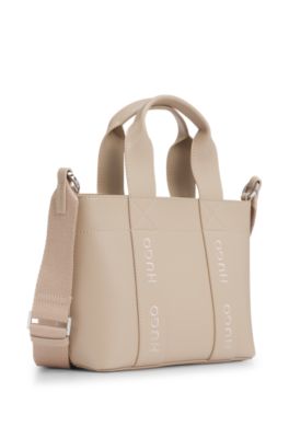 Faux-leather mini tote bag with embroidered logos, Light Beige