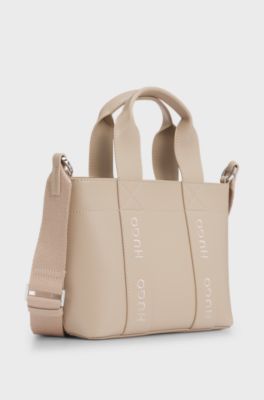 Faux-leather mini tote bag with embroidered logos, Light Beige
