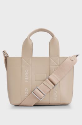 Faux-leather mini tote bag with embroidered logos, Light Beige