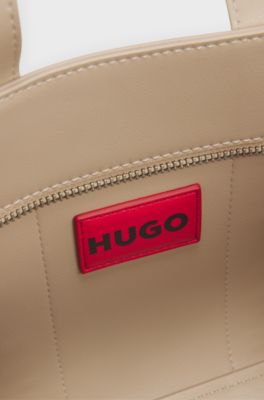 Faux-leather mini tote bag with embroidered logos, Light Beige