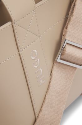 Faux-leather mini tote bag with embroidered logos, Light Beige