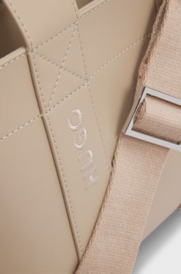 Faux-leather mini tote bag with embroidered logos, Light Beige