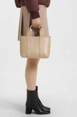 Faux-leather mini tote bag with embroidered logos, Light Beige