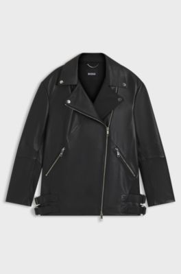 Chaqueta biker larga en piel de napa, Negro