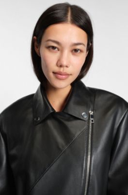 Lange Bikerjacke aus Nappaleder, Schwarz