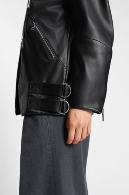 Blouson de motard long en cuir nappa, Noir