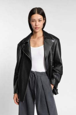 Long biker jacket in nappa leather, Black
