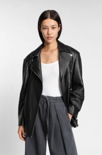 Long biker jacket in nappa leather, Black
