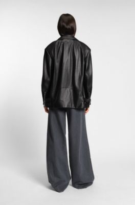 Chaqueta biker larga en piel de napa, Negro