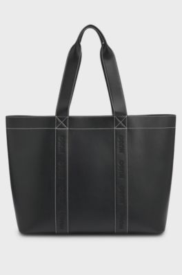 Faux-leather tote bag with embroidered logos, Black