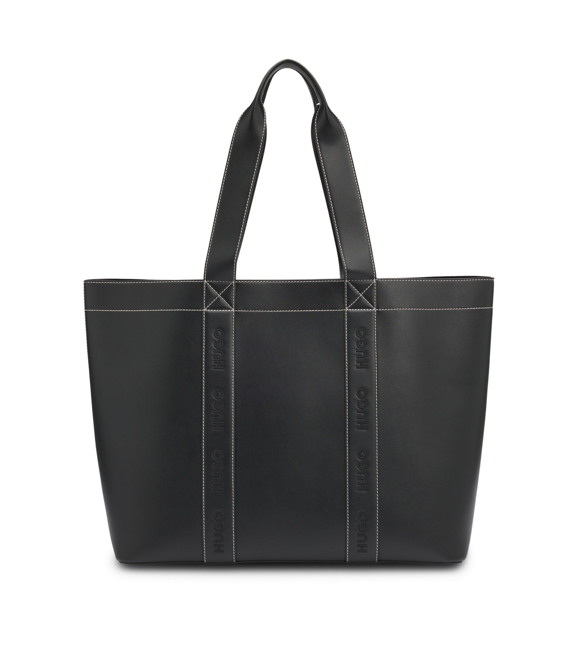 HUGO BOSS レザートートバッグ BOSS - フェイクレザー トートバッグ アウトラインロゴ - ブラック