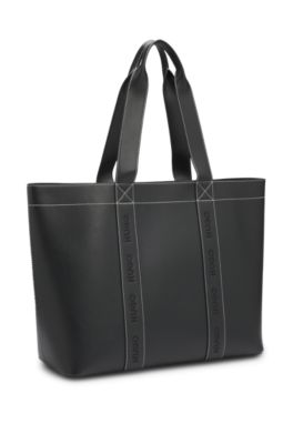 Faux-leather tote bag with embroidered logos, Black