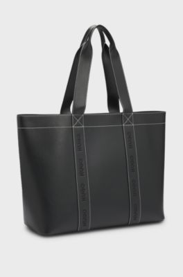 Bolso tote de piel sint&eacute;tica con logos bordados, Negro