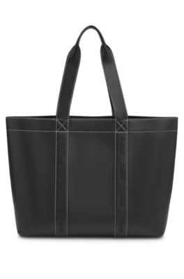 Faux-leather tote bag with embroidered logos, Black