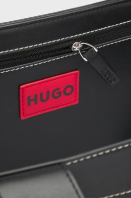 Faux-leather tote bag with embroidered logos, Black