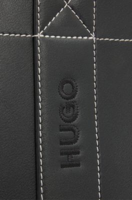 Faux-leather tote bag with embroidered logos, Black