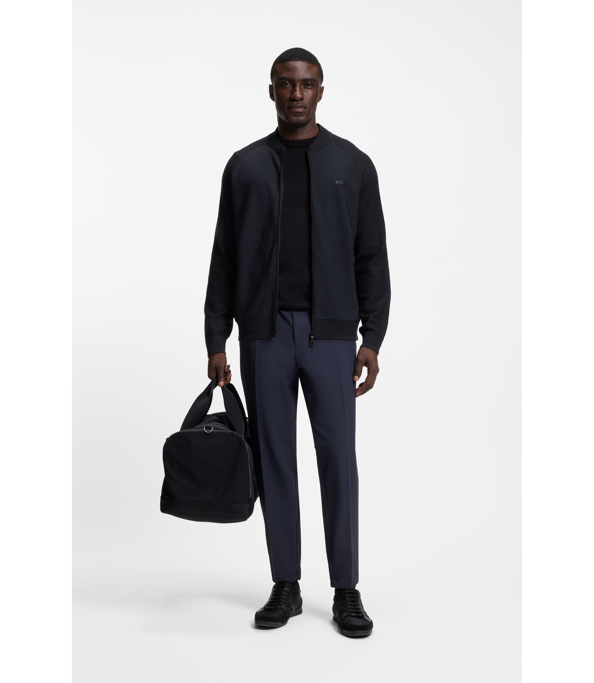 BOSS - Regular-fit cardigan in mixed materials - Dark Blue