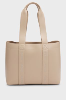 Faux-leather tote bag with embroidered logos, Light Beige