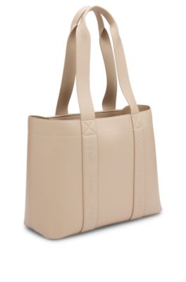 Faux-leather tote bag with embroidered logos, Light Beige