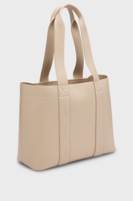 Faux-leather tote bag with embroidered logos, Light Beige