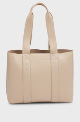 Faux-leather tote bag with embroidered logos, Light Beige