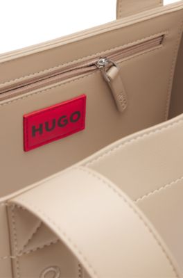 Faux-leather tote bag with embroidered logos, Light Beige