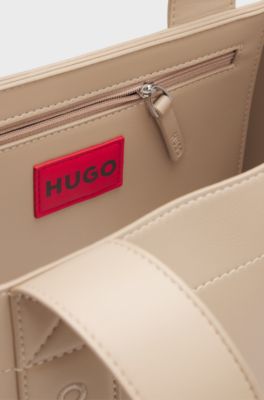 Faux-leather tote bag with embroidered logos, Light Beige