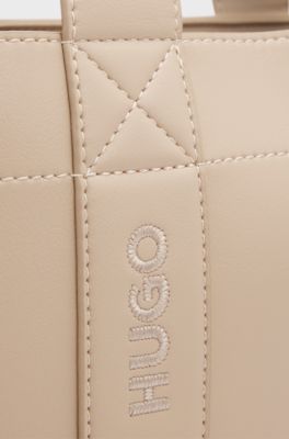 Faux-leather tote bag with embroidered logos, Light Beige