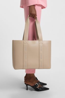 Faux-leather tote bag with embroidered logos, Light Beige