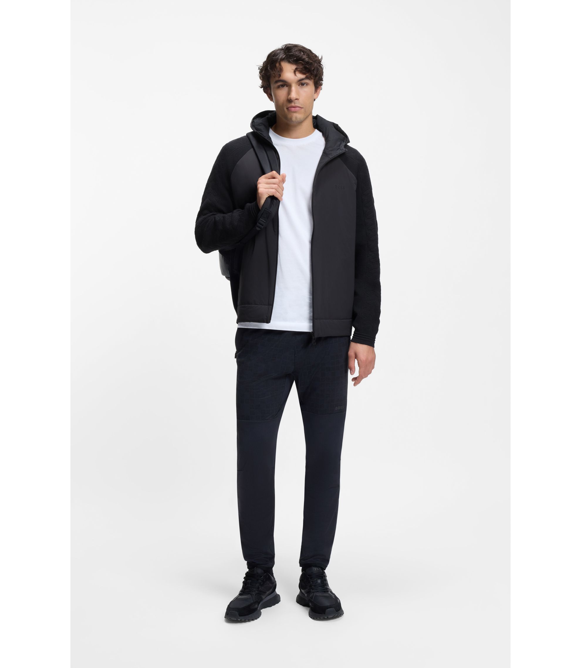 BOSS - Zip-up hoodie with tonal textured jacquard - Dark Blue