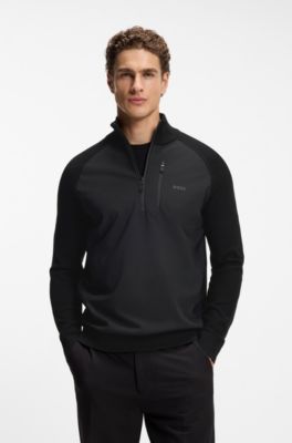 Quarter-zip sweater with terry-fabric inner, Black