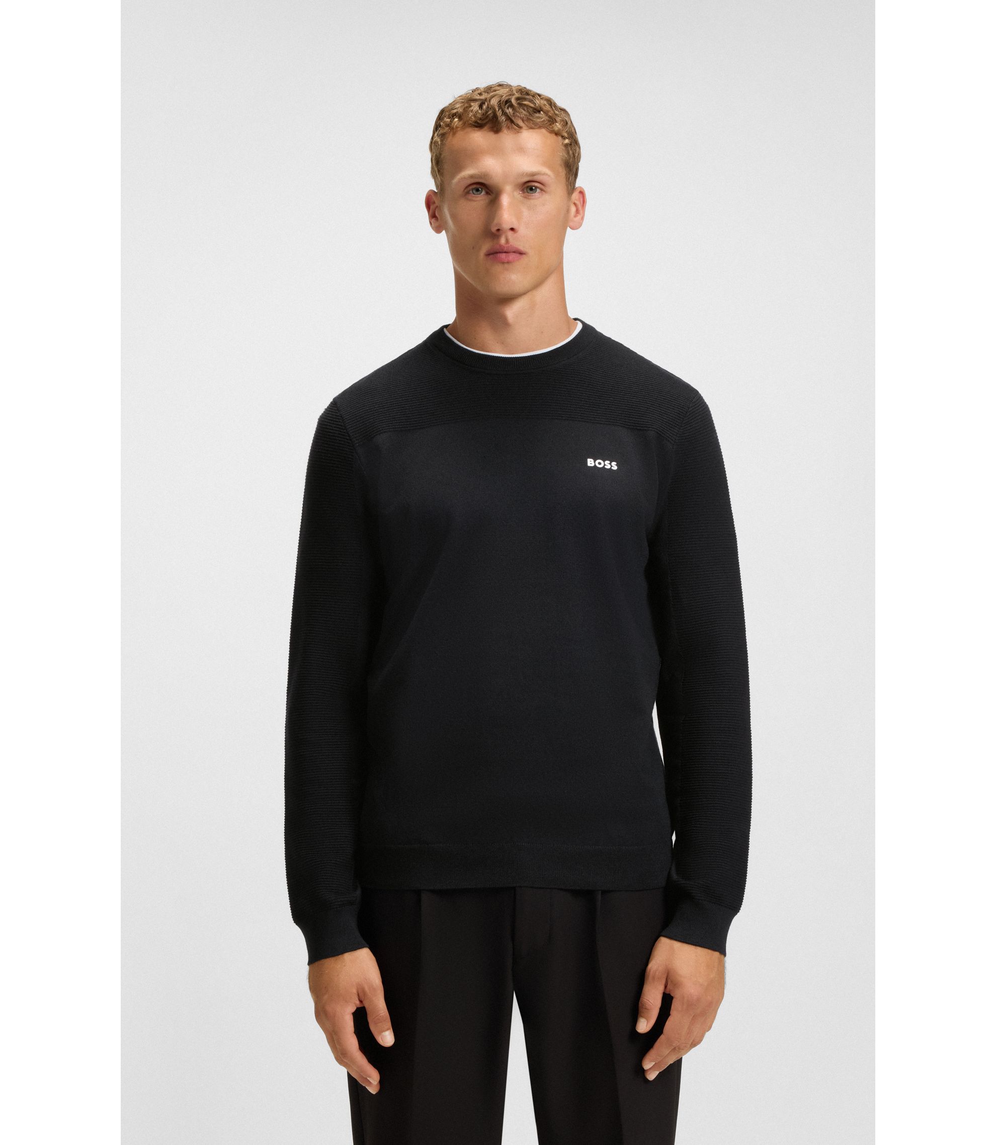 BOSS - Mixed-structure sweater with moisture management - Dark Blue