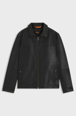 Veste style chemise en cuir nappa, Noir