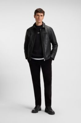 Veste style chemise en cuir nappa, Noir