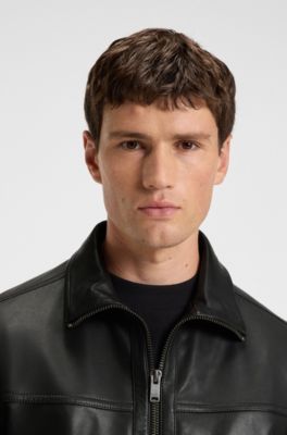 Veste style chemise en cuir nappa, Noir