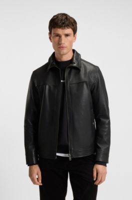 Veste style chemise en cuir nappa, Noir
