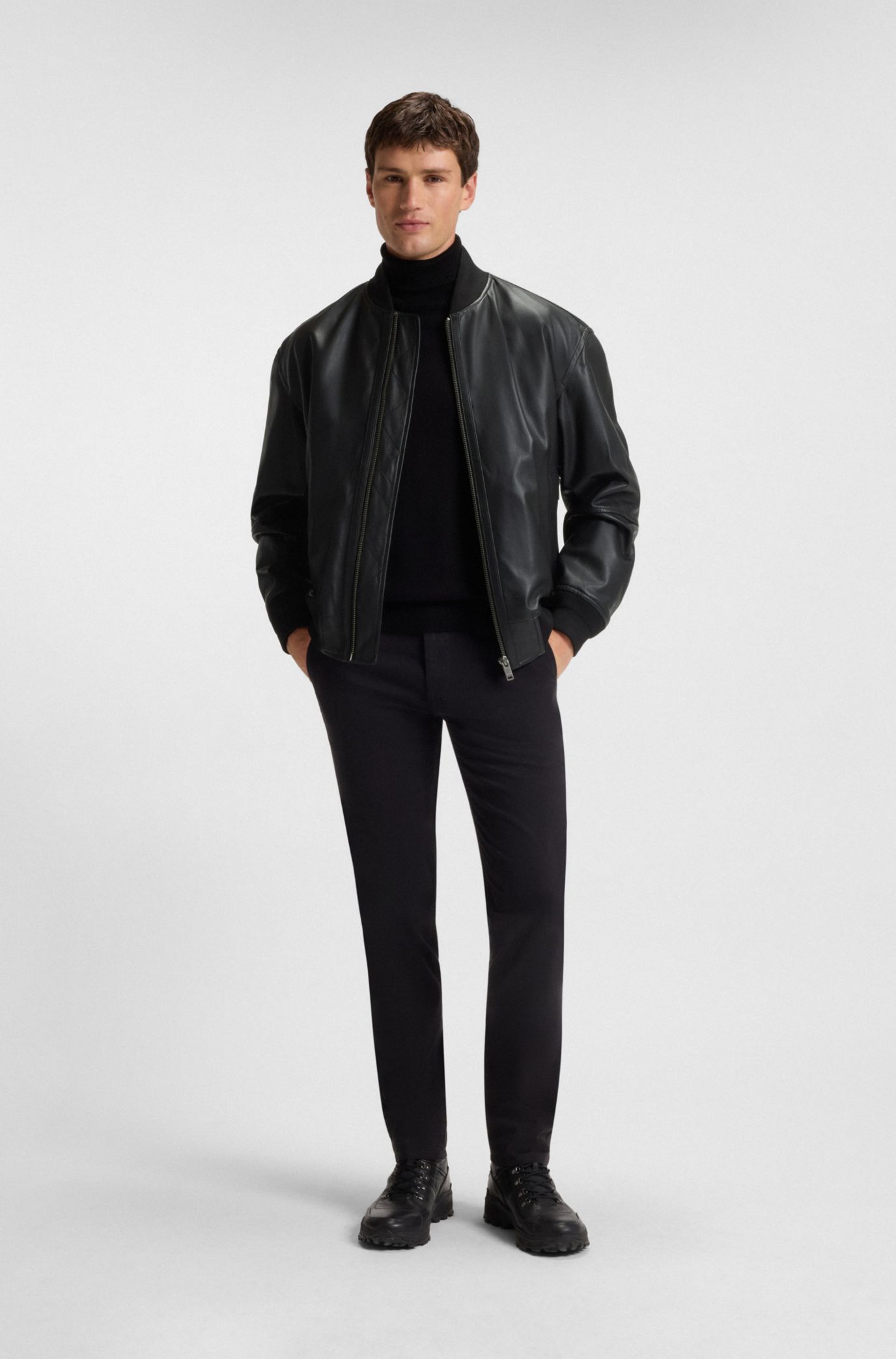 HugoBOSS ブラックレザージャケット BOSS - Regular-fit jacket in grained leather - Black