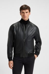 Regular-fit jacket in textured leather, Black