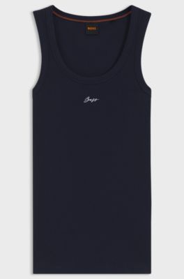 Tanktop van stretchkatoen met handgeschreven logo, Donkerblauw