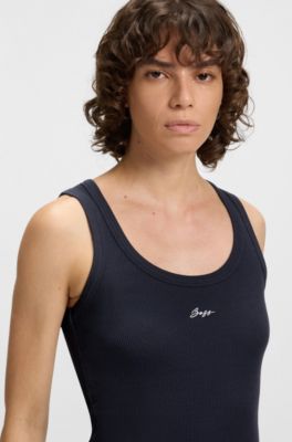 Canotta in cotone elasticizzato con logo scritto a mano, Blu scuro