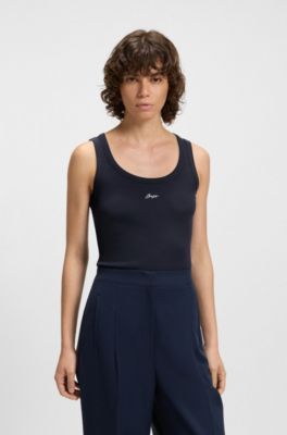 Canotta in cotone elasticizzato con logo scritto a mano, Blu scuro