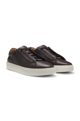 Gary leather trainers with suede backtab, Dark Brown
