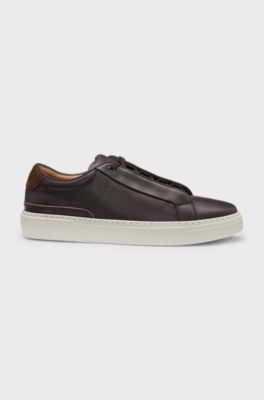 Gary leather trainers with suede backtab, Dark Brown