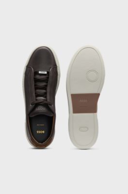 Gary leather trainers with suede backtab, Dark Brown