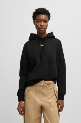 Felpa oversize con cappuccio in terry di cotone con logo scritto a mano, Nero