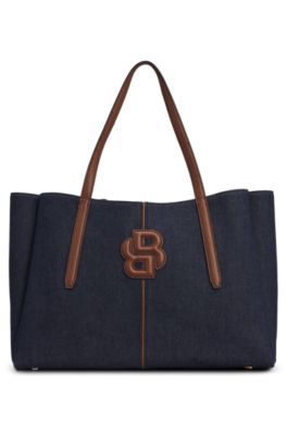 Cotton-denim tote bag with Double B monogram, Dark Blue