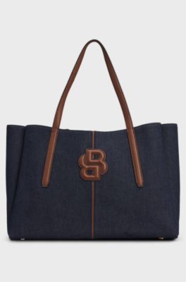 Cotton-denim tote bag with Double B monogram, Dark Blue